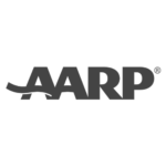 A black and white logo of aarp.