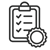 A black and white icon of a clipboard with a gear next to it.